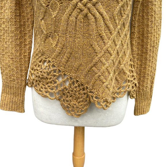 Moth Wool Cable Knit Crochet Asymmetrical Hem Sweater Mustard Artsy Rosette-S - Picture 4 of 16